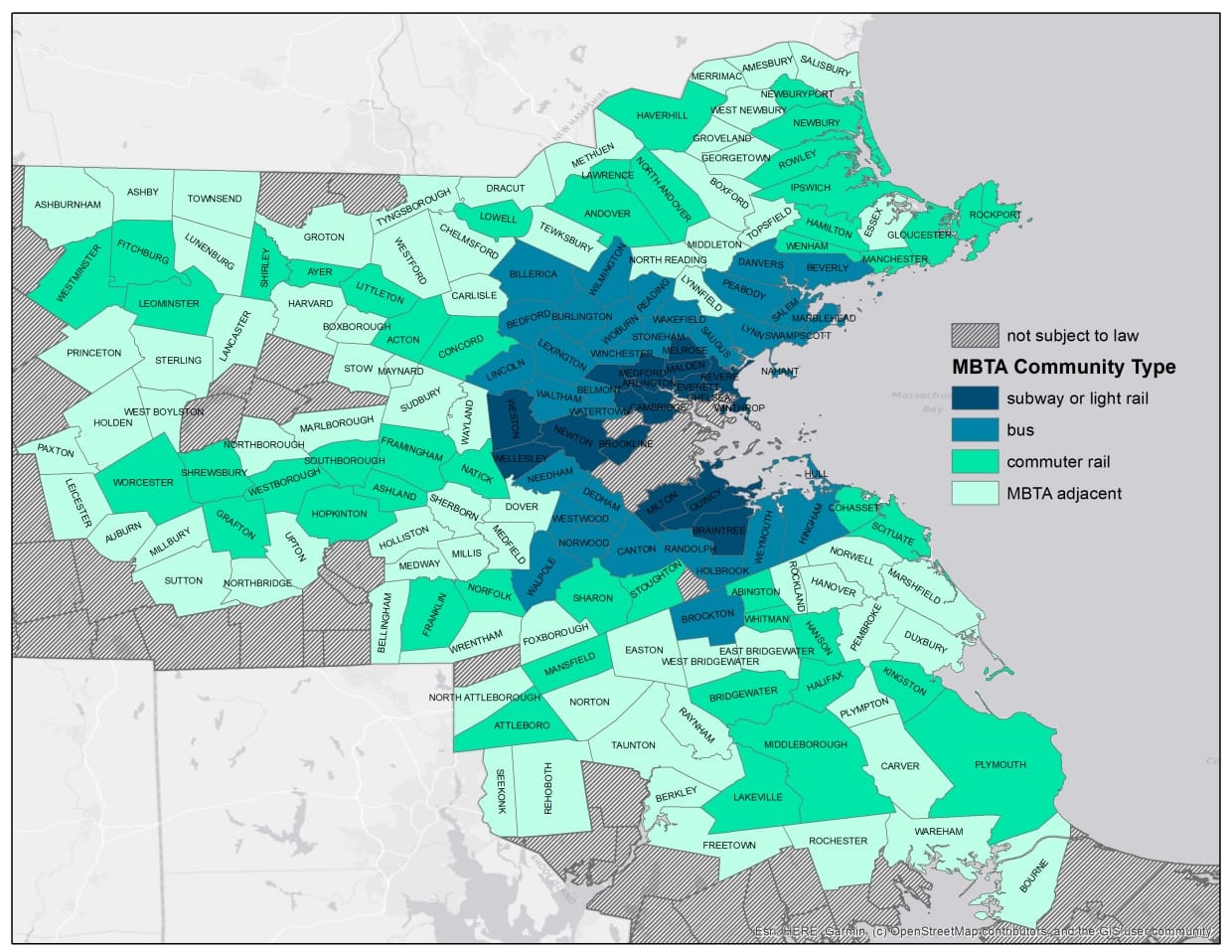 Map of Massachusetts cities and towns affects by MBTA Communities Act by level of service