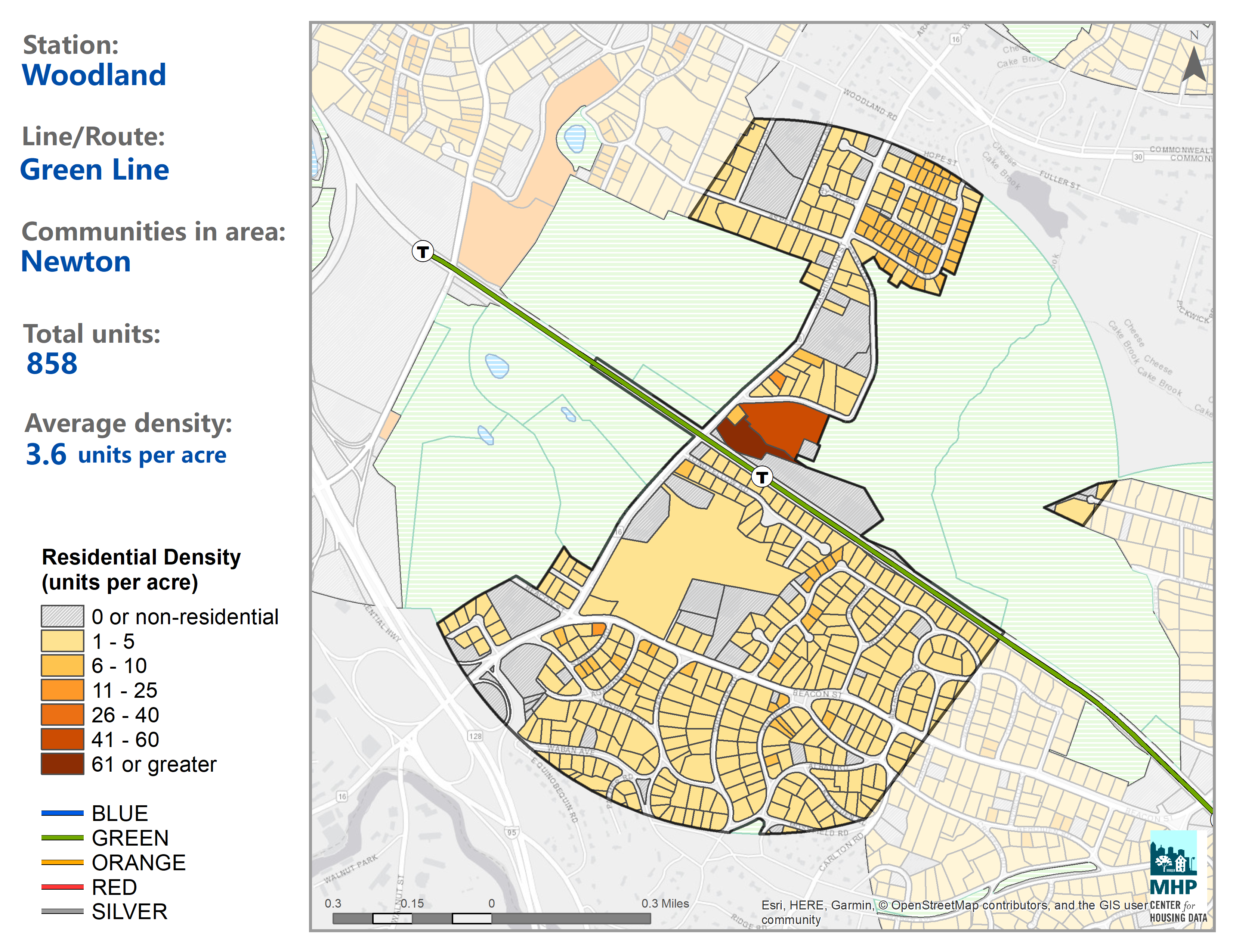 TODEX map of Woodland Station on the MBTA Green Line in Newton