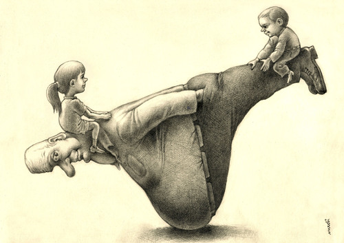 Cartoon of obese man being used as see-saw by two children
