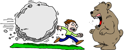white man running from rock into bear's mouth