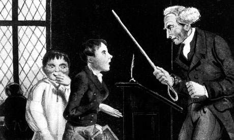 A black and white drawing of an old white man in a powdered wig threatening to hit two schoolboys with a od