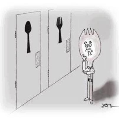 A spork looks conflicting deciding between a bathroom for spoons and a bathroom for forks