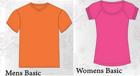 On the left, a bright orange square Men's T-shirt. On the right, and hot pink curvy Women's T-shirt