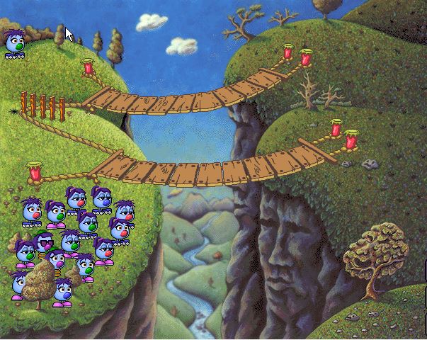 A cartoon ravine with two bridges, all of the zoombinis are on the left side, on the right are two faces carved into the ravine