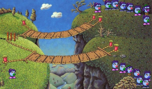 All but one zoombini is now on the right side of the bridge. Zoombinies who crossed the north bridge are to the north, all have droopy eyelids but one who is wearing sunglasses, the rest stand to the south, all of whom have wide-open eyelids, the one zoombini still standing on the left has wide-open eyelids