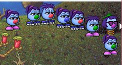 Close-up of zoombinis who crossed the northern bridge, five out of eight have ponytails, two have shaggy hair, one wears a green hat and sunglasses