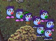 Close-up of zoombinis who crossed southern bridge. Five out of eight have shaggy hair, two have ponytails, one has a green hat