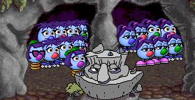 The zoombinis are at the top of the staircases, half on the left and half on the right. On the left, seven out of nine have shaffy hair and two have green hats. On the right, they all have ponytails. 